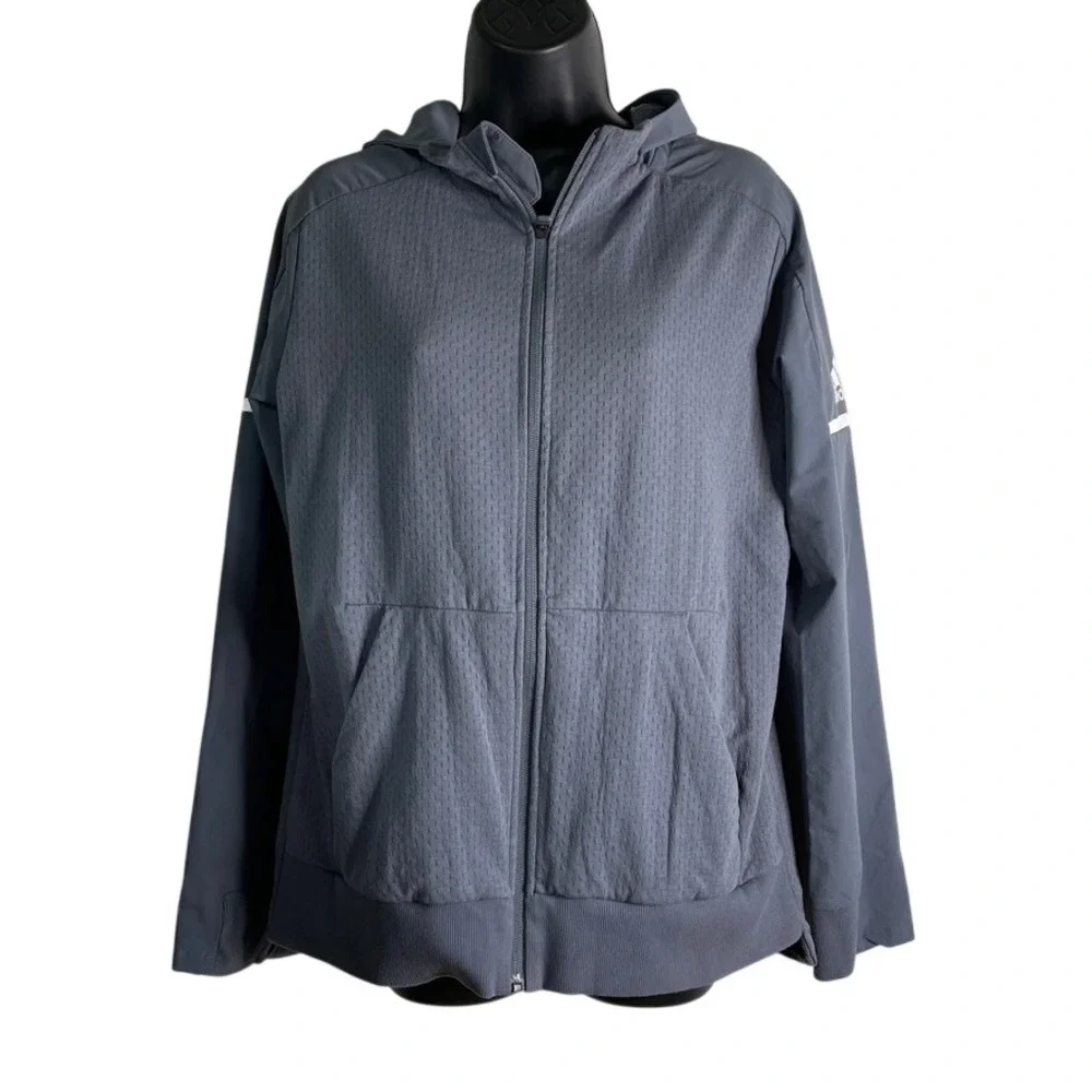 Adidas Womens Sz Medium Gray Mesh Body Full Zip Hooded Squad Jacket Performance